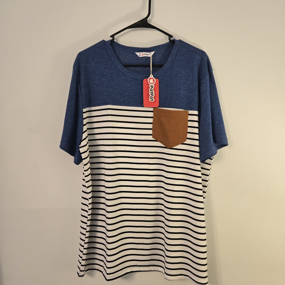 Men's L PatPat Blue and White Striped Tee with Brown Pocket